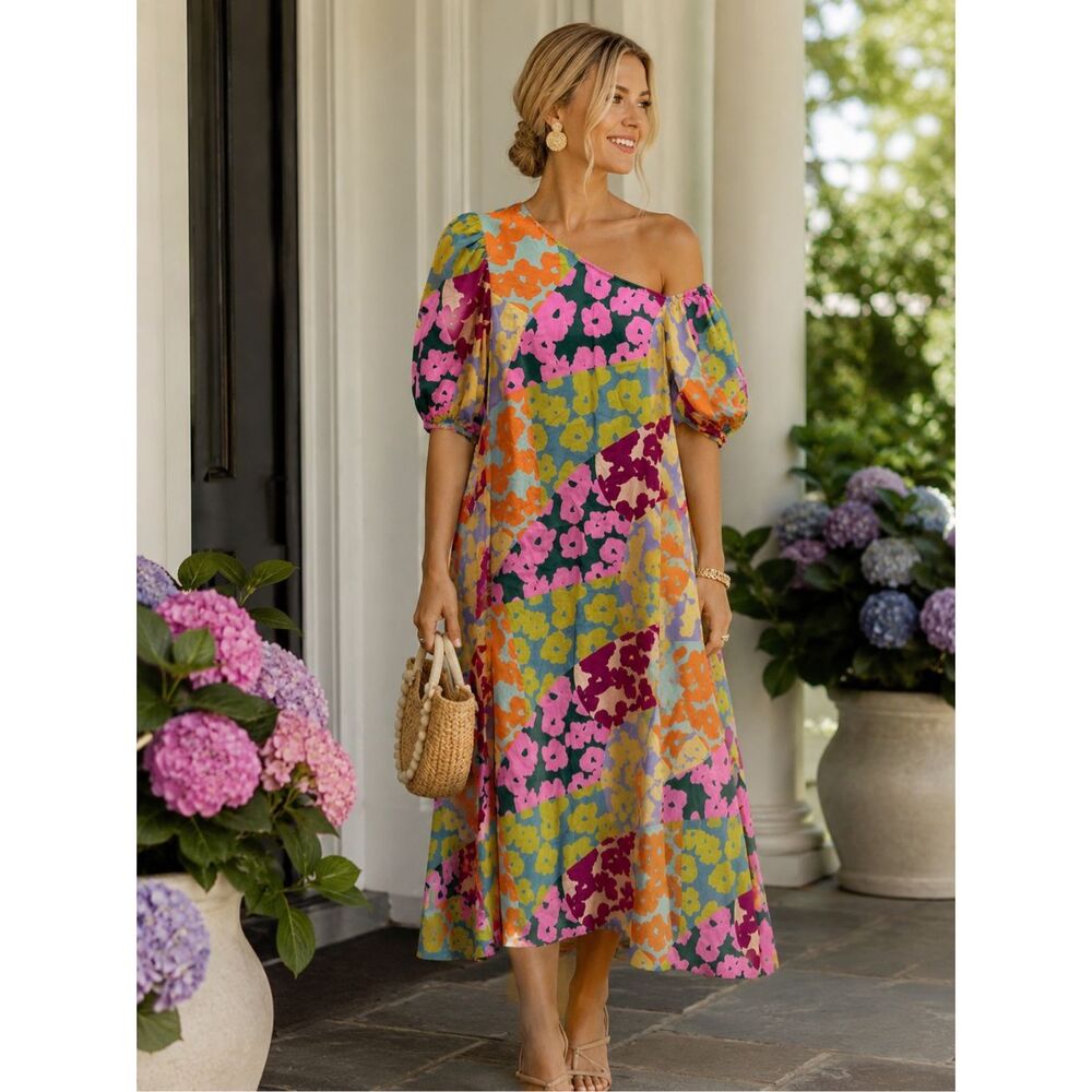 NWOT Crosby Colorblock Floral Puff Sleeve Midi Dress | Tuckernuck Coastal Resort